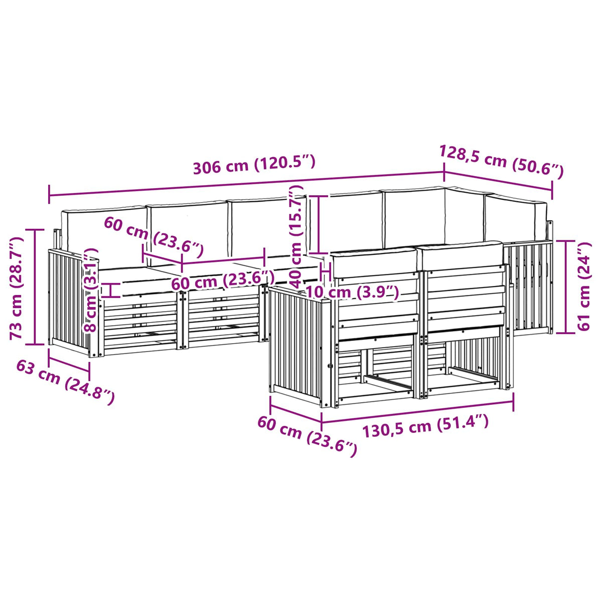 Set vanjskih sofa 8 pcs Bijela i bež 306 x 128,5 x 73 cm