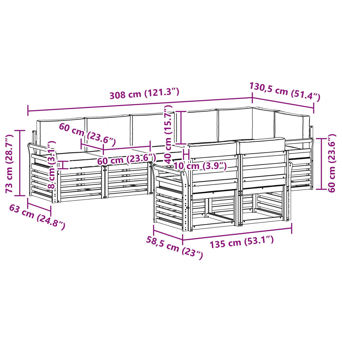 Set vanjskih sofa 8 pcs Bijela i antracit 308 x 130,5 x 73 cm