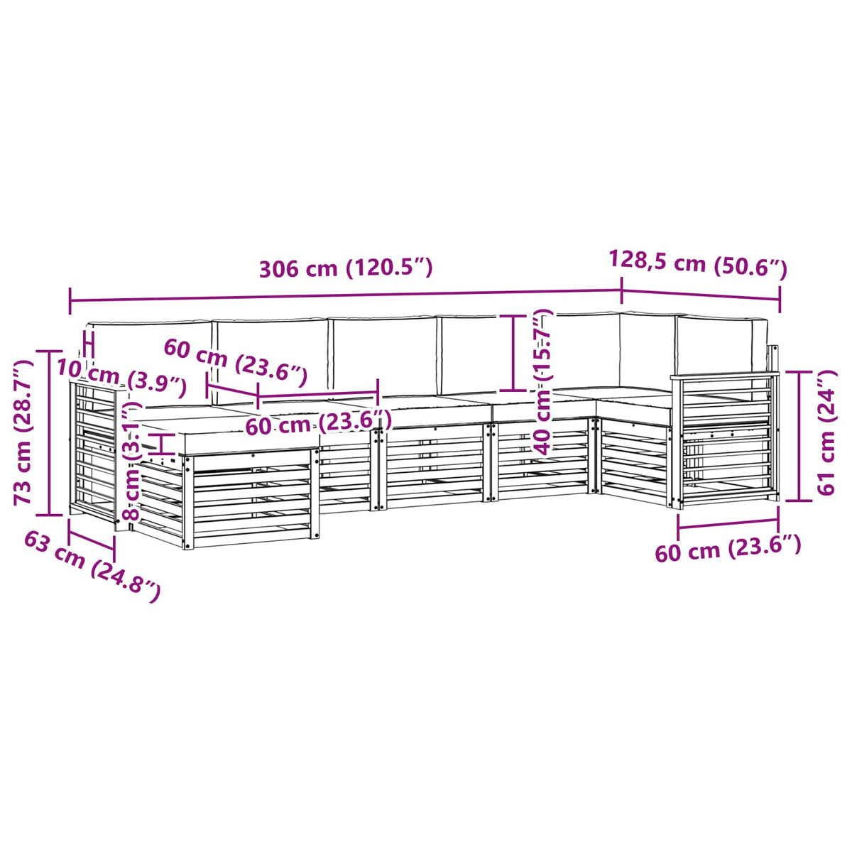 Set vanjskih sofa 7 kom. Bijela i svjetlosiva 306 x 128,5 x 73 cm