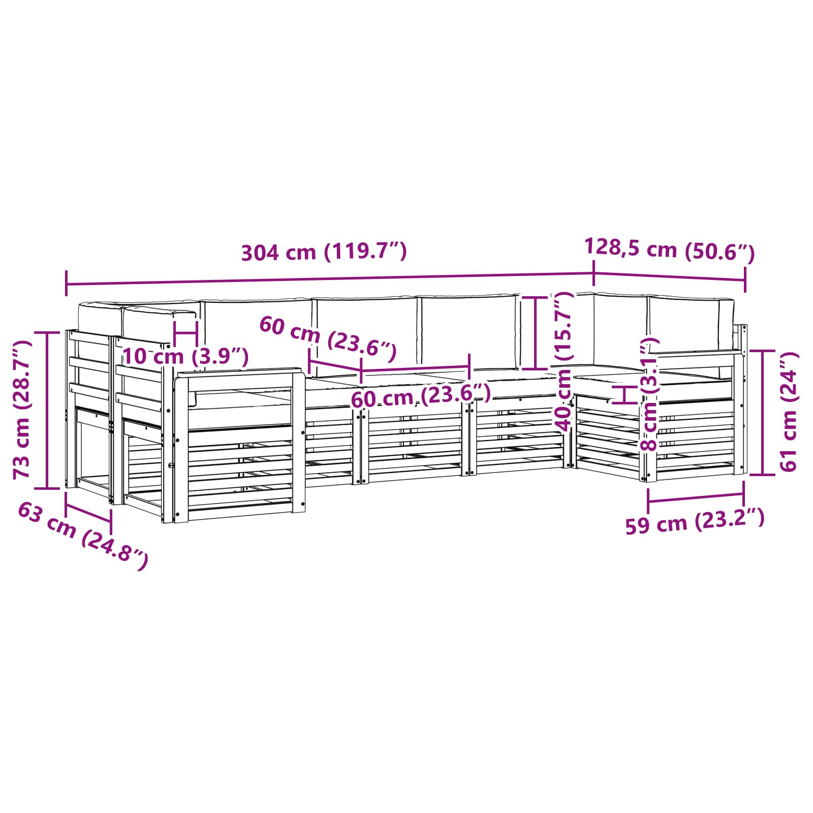 Set vanjskih sofa 6 pcs Bijela i Bež 304 x 128,5 x 73 cm