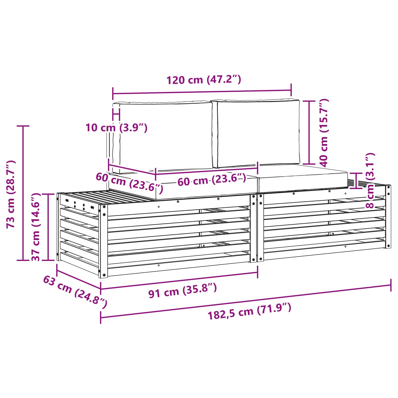 Set vanjskih sofa Bijela 182,5 x 63 x 73 cm Poliester