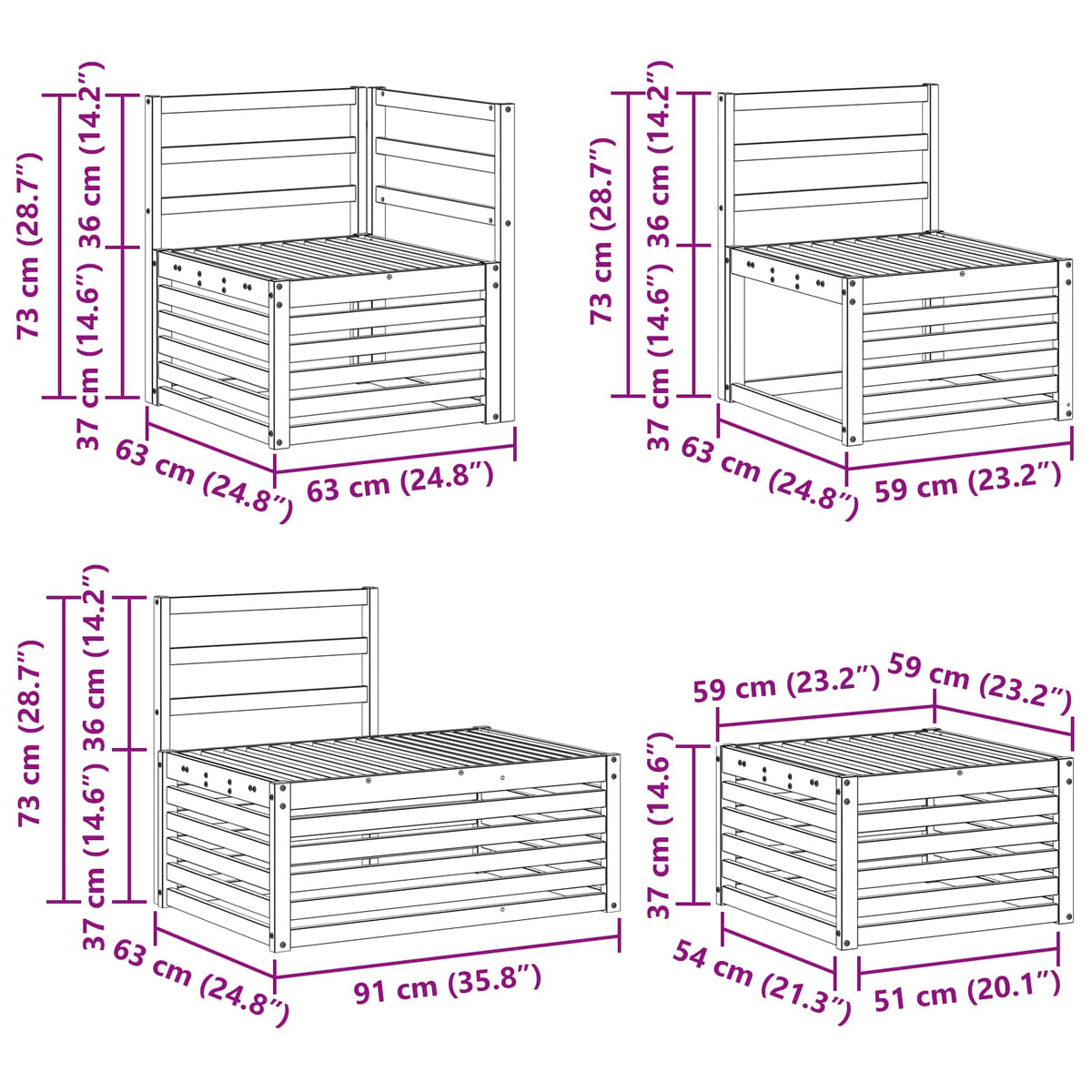 7 pcs Set vanjskih sofa Čvrsto drvo akacije Bijela