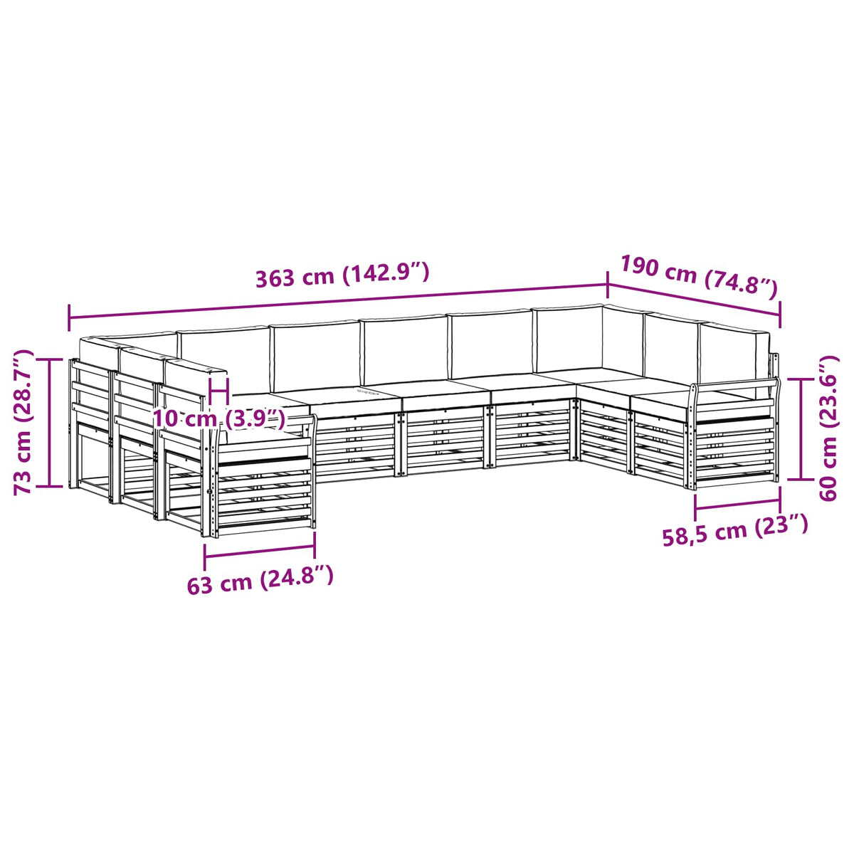 Set vanjskih sofa 10 pcs Bijela i bež 363 x 190 x 73 cm