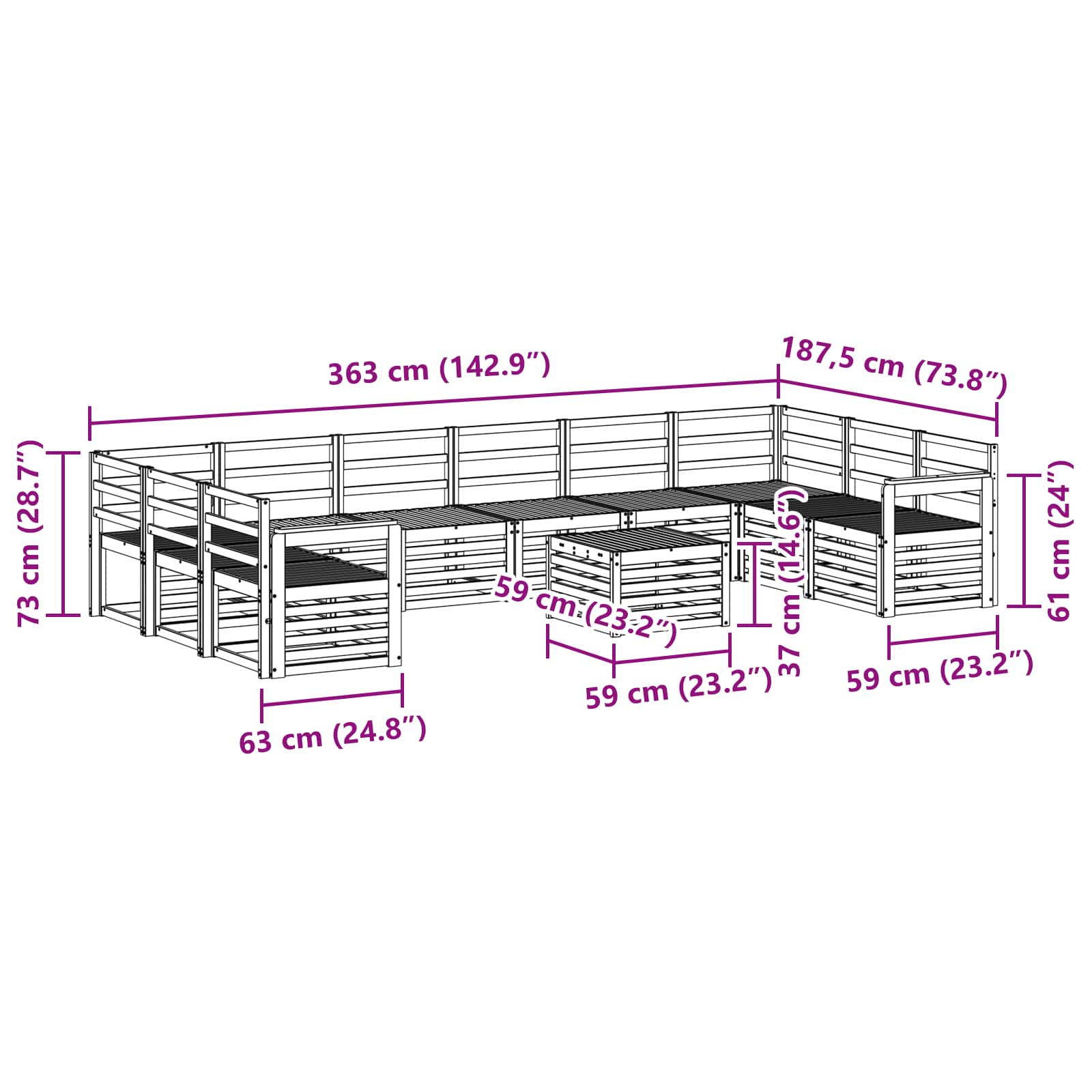 Set vanjskih sofa 11 pcs Bijela 59 x 59 x 37 cm