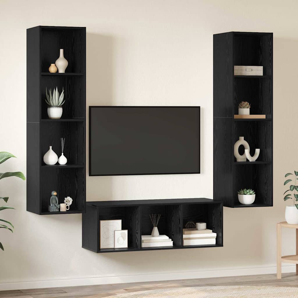 Set TV komoda 3 kom. Crni hrast Konstruirano drvo Crna 37 x 37 x 142,5 cm