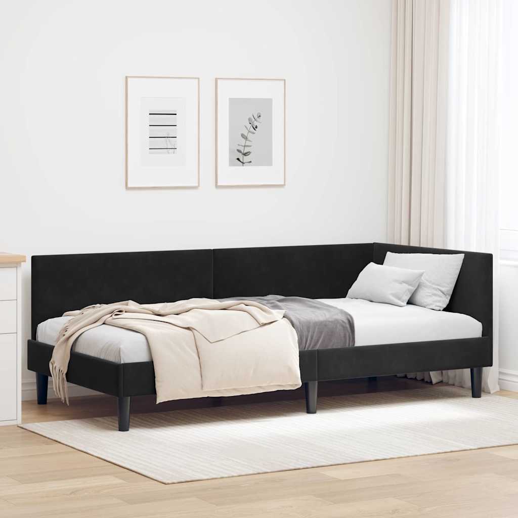 Kutni okvir kreveta s uzglavljem Crna 90 cm x 200 cm Baršun