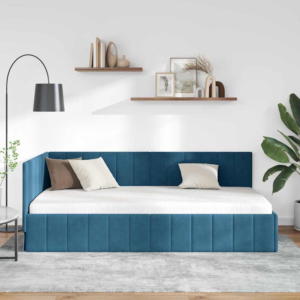 Kutni okvir kreveta s uzglavljem Plava 90 cm x 190 cm Baršun