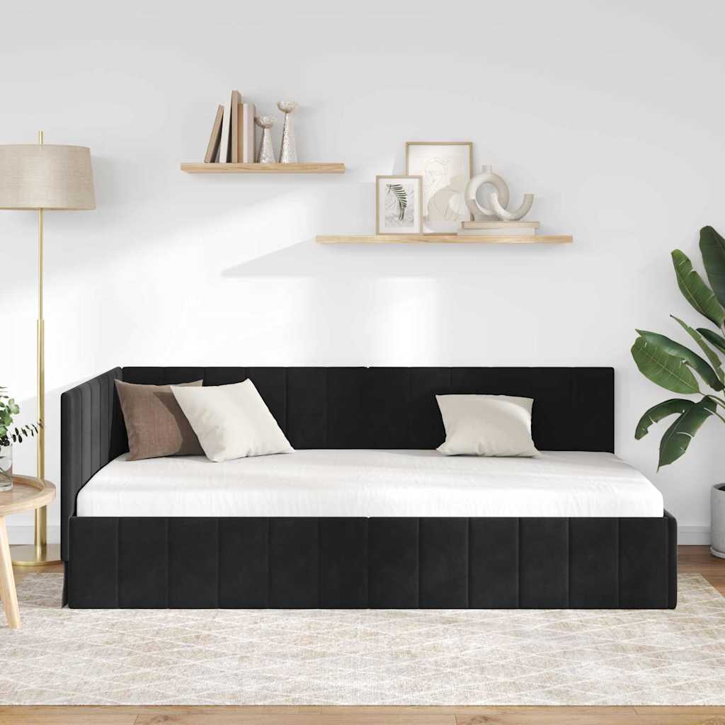 Kutni okvir kreveta s uzglavljem Crna 90 cm x 200 cm Baršun