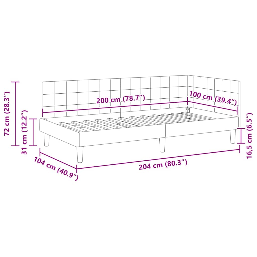 Kutni okvir kreveta s uzglavljem Crna 100 cm x 200 cm Baršun