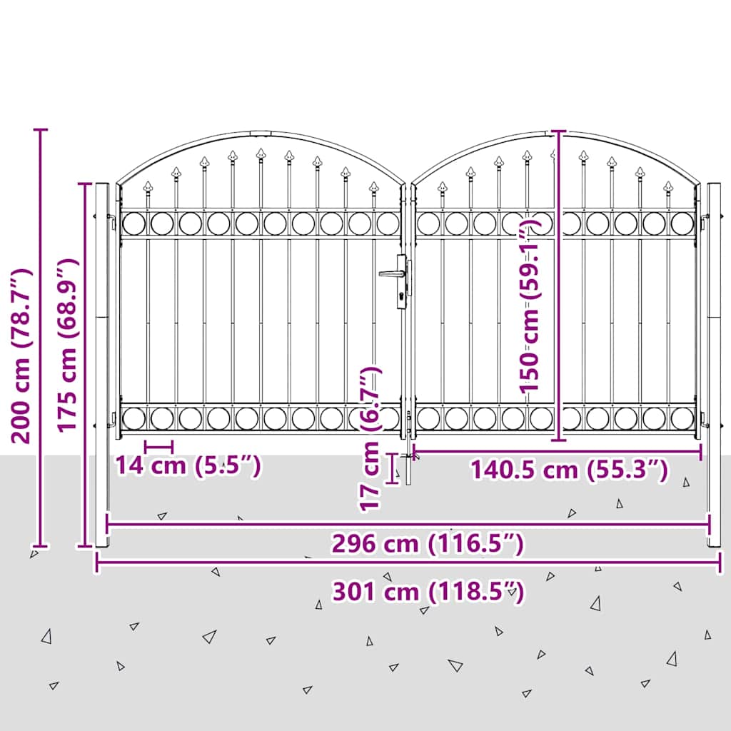 Ogradna vrata ASSEN 301 x 200 cm Čelik Siva Može se zaključati