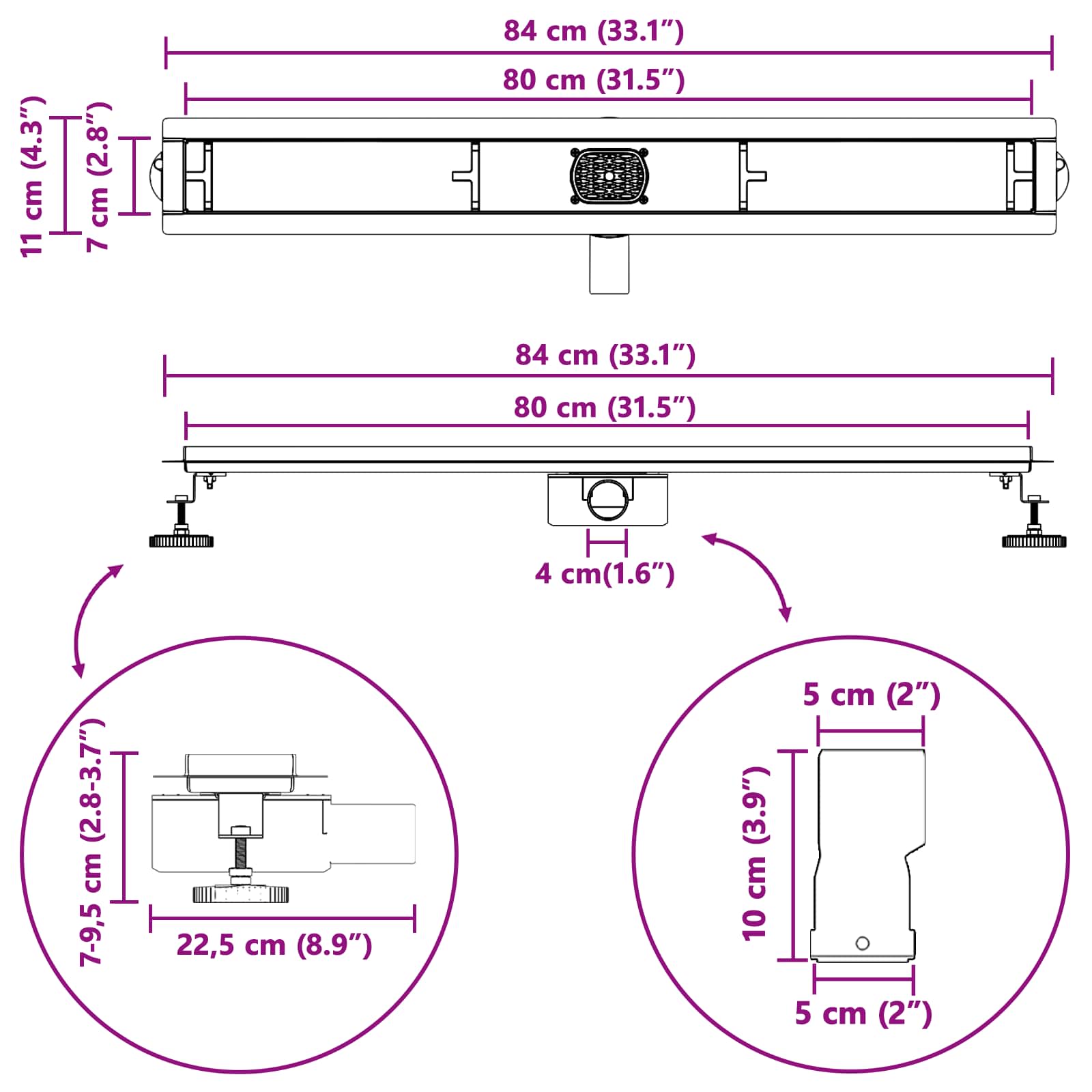 Tuš kanal 2-u-1 sa 360° sifonom Crna 80 cm Nehrđajući čelik 304