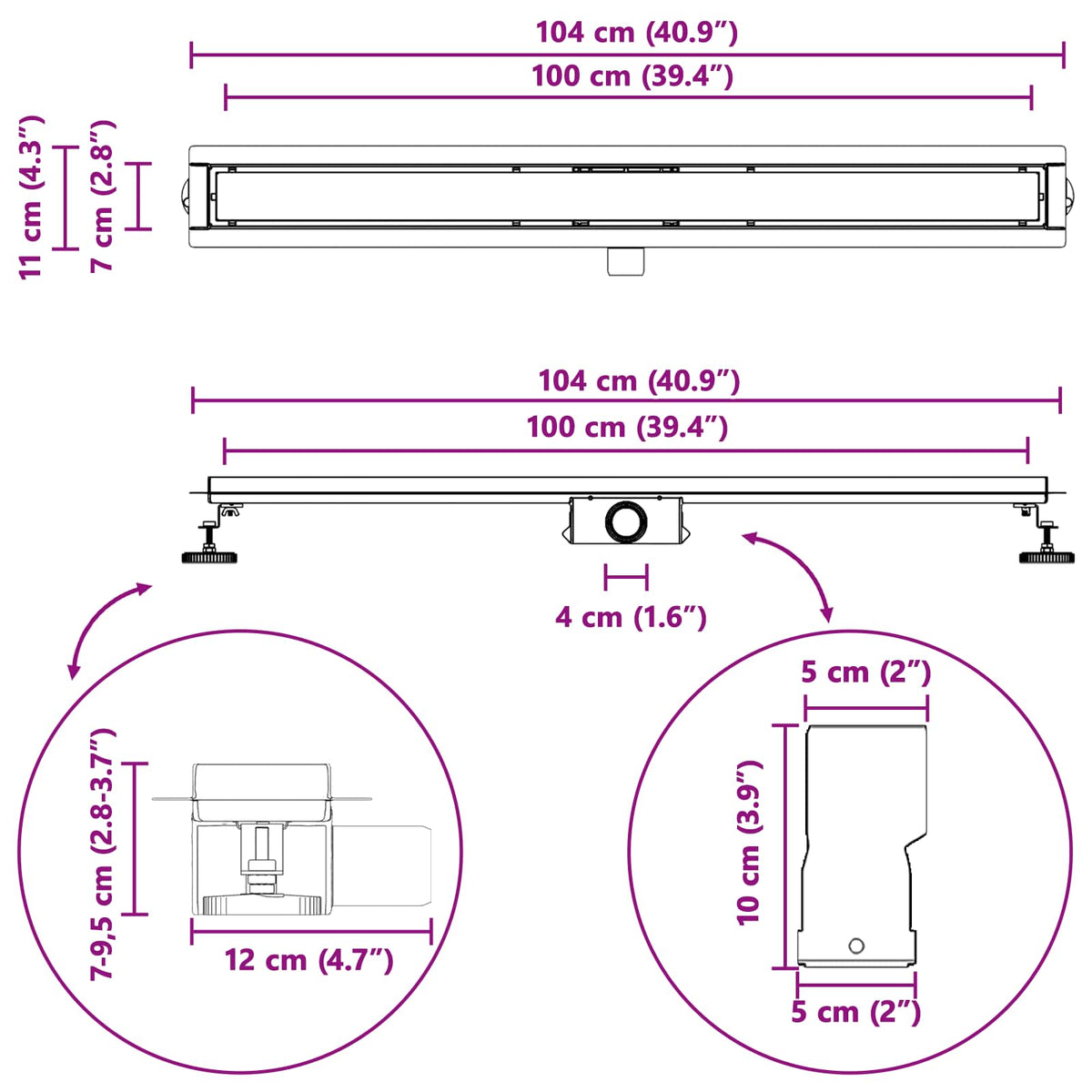 2 u 1 odvod za tuš Crna 100 cm Nehrđajući čelik 304