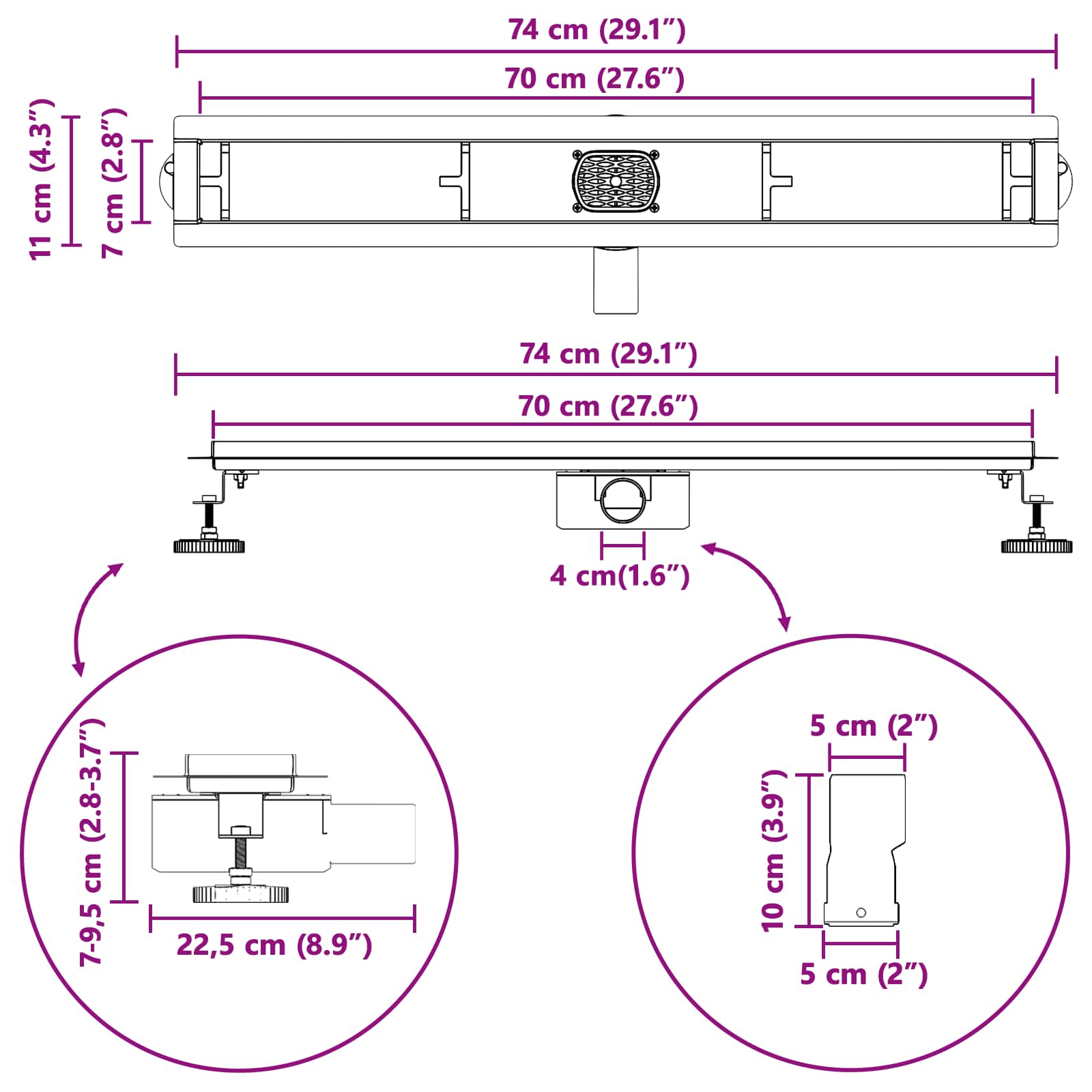 Tuš kanal 2-u-1 sa 360° sifonom Srebrno 70 cm
