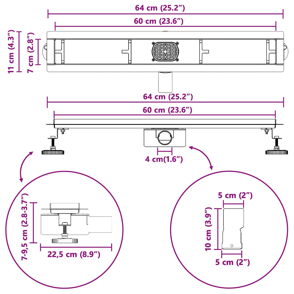 Tuš kanal 2-u-1 sa 360° sifonom Srebrno 60 cm