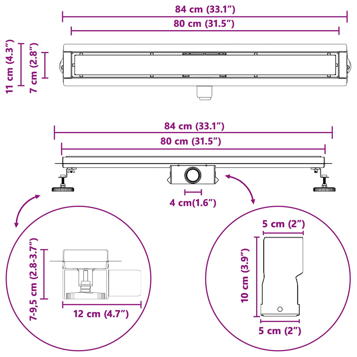 2 u 1 odvod za tuš Srebrno 80 cm Nehrđajući čelik 304