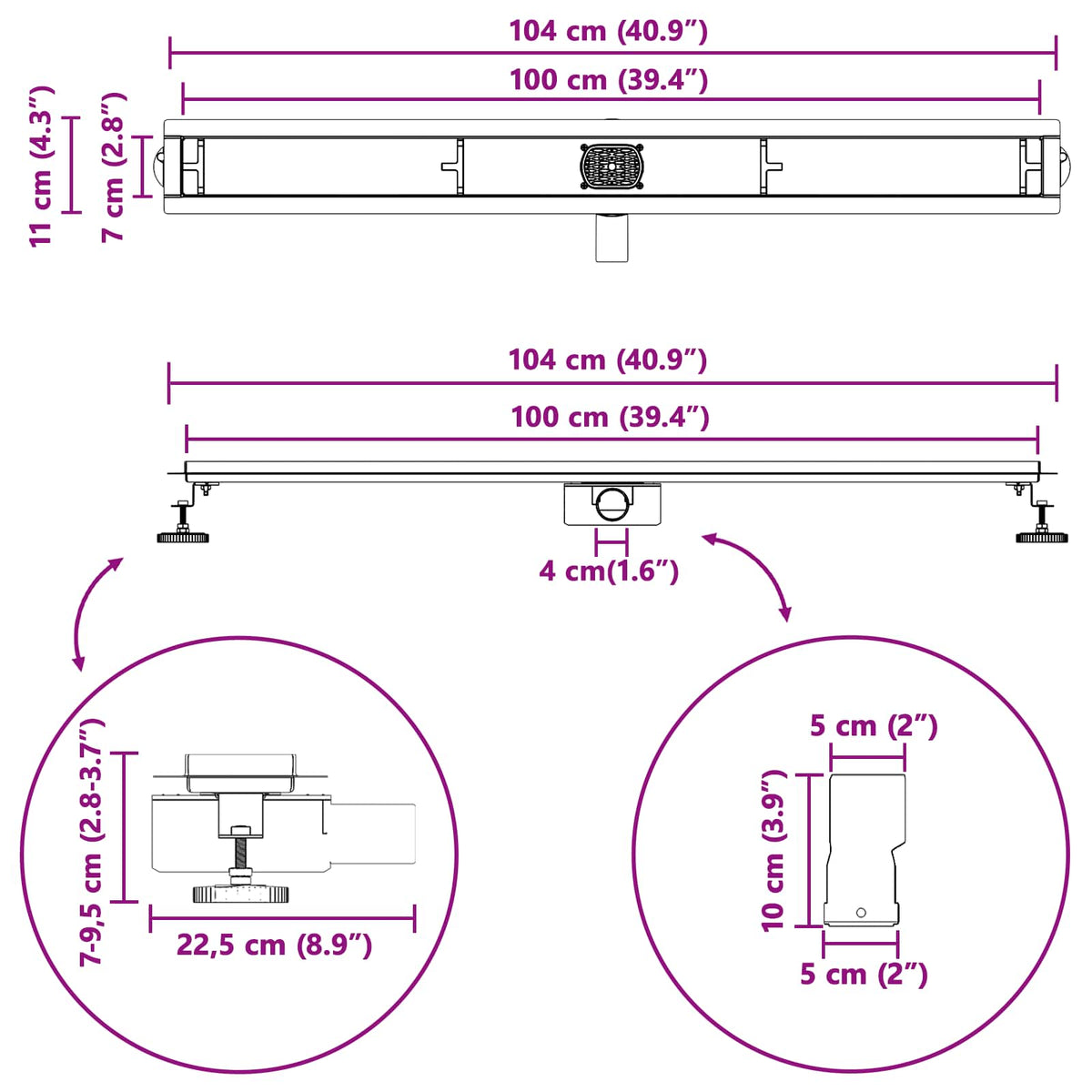 Tuš kanal 2-u-1 sa 360° sifonom Srebrno 100 cm