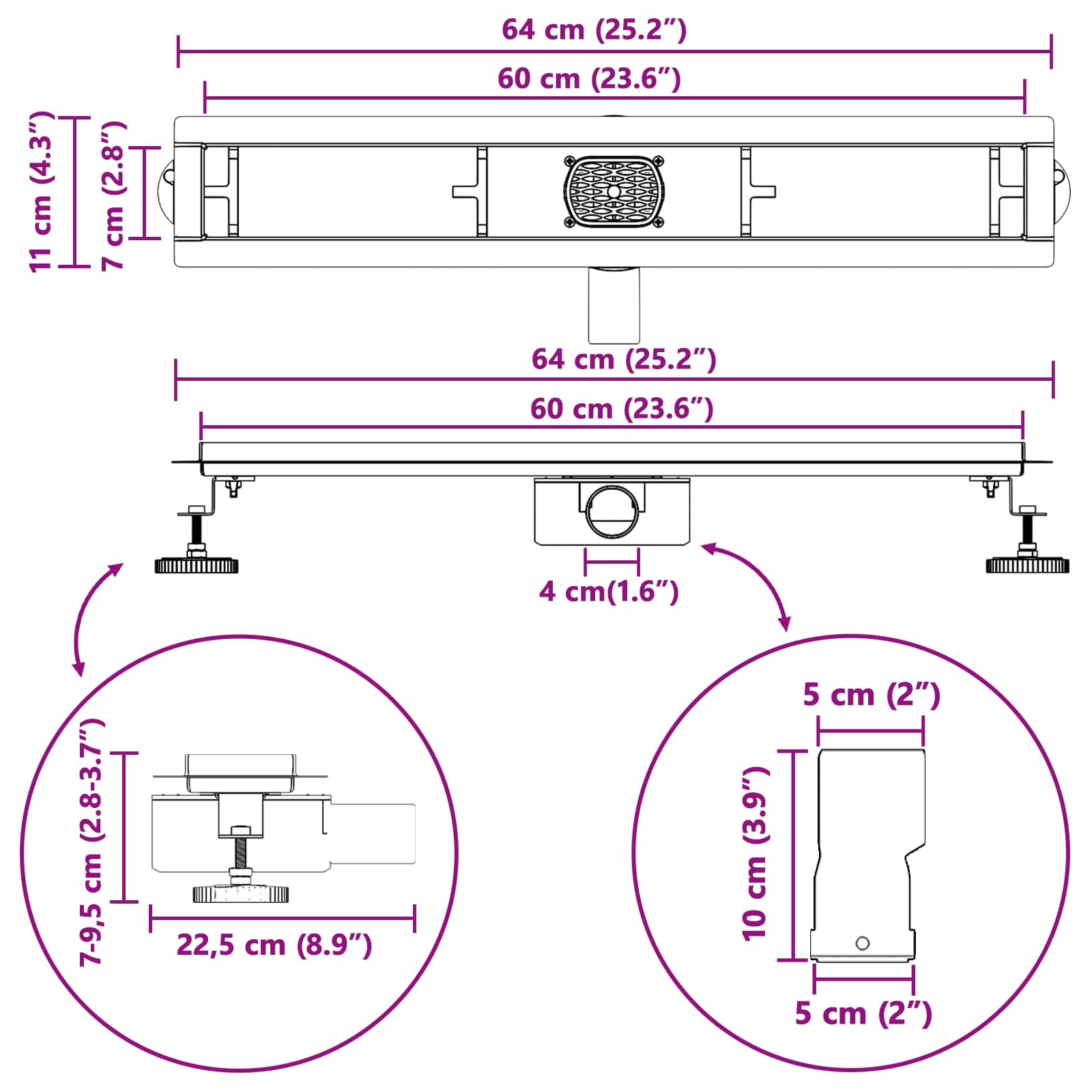 Odvod za tuš s staklenim poklopcem i 360° sifonom Crna 60 cm