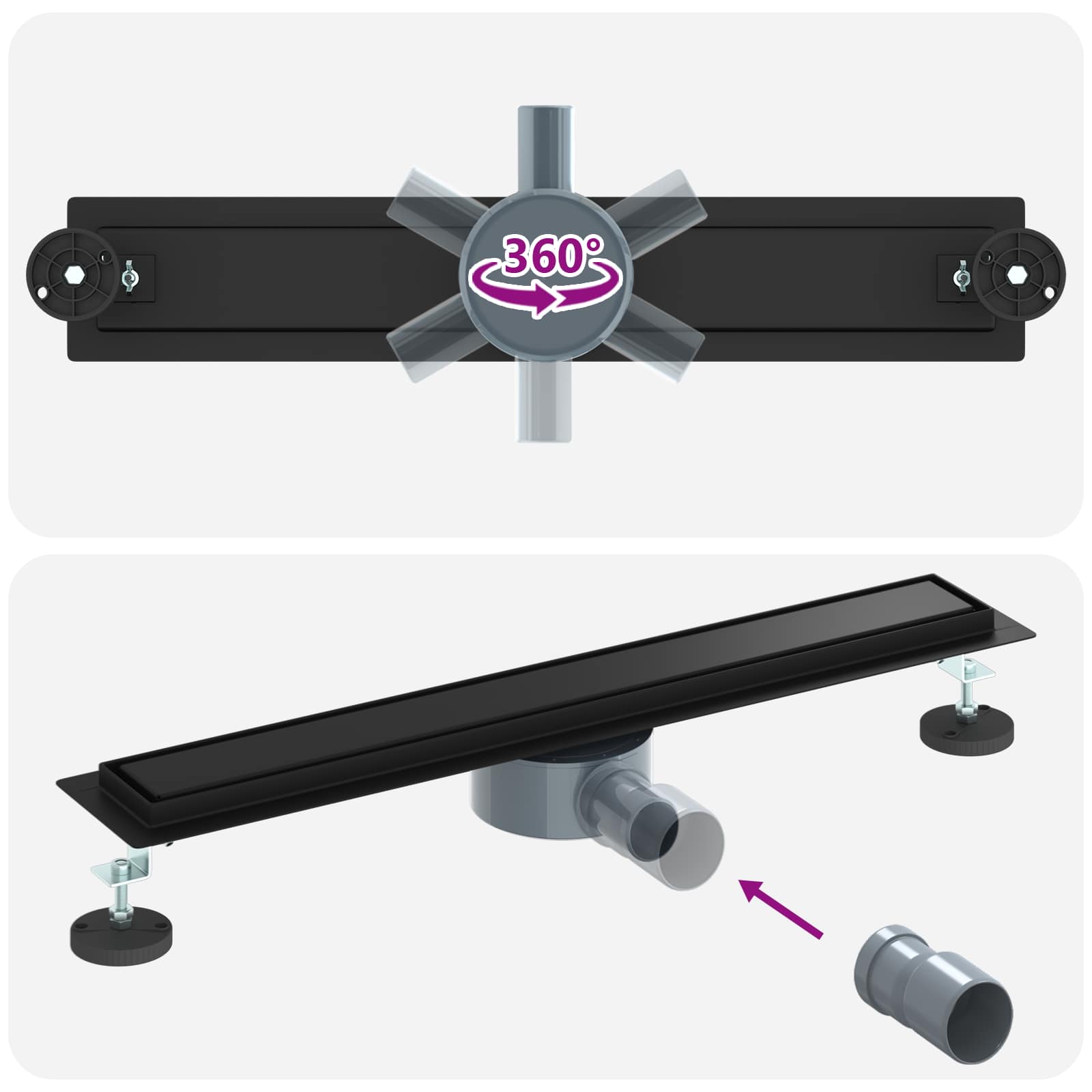 Tuš kanal 2-u-1 sa 360° sifonom Crna 60 cm Nehrđajući čelik 304