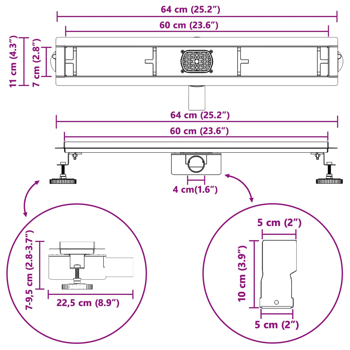 Tuš kanal 2-u-1 sa 360° sifonom Crna 60 cm Nehrđajući čelik 304