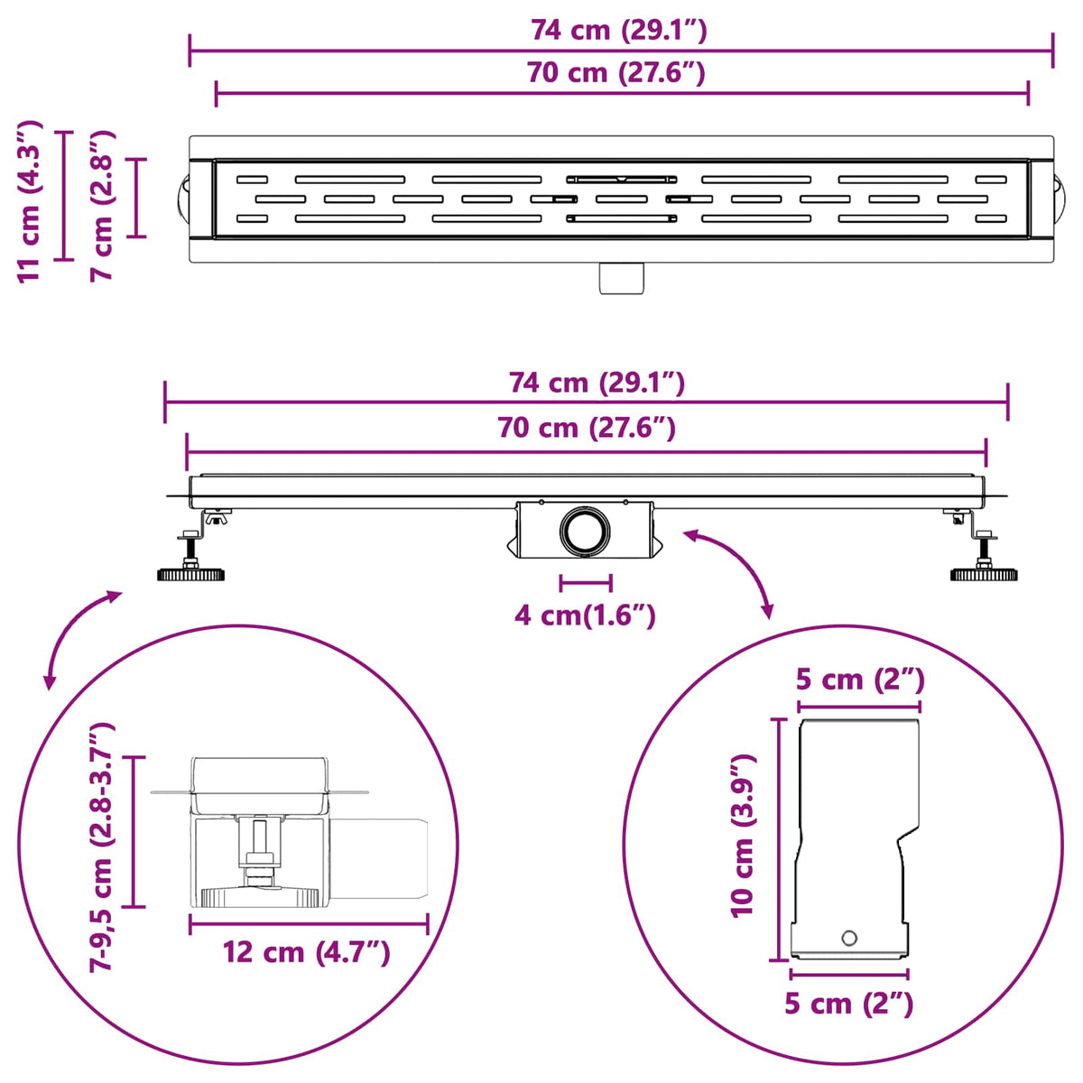 Odvod za tuš s dizajnom linije Srebrno 70 cm