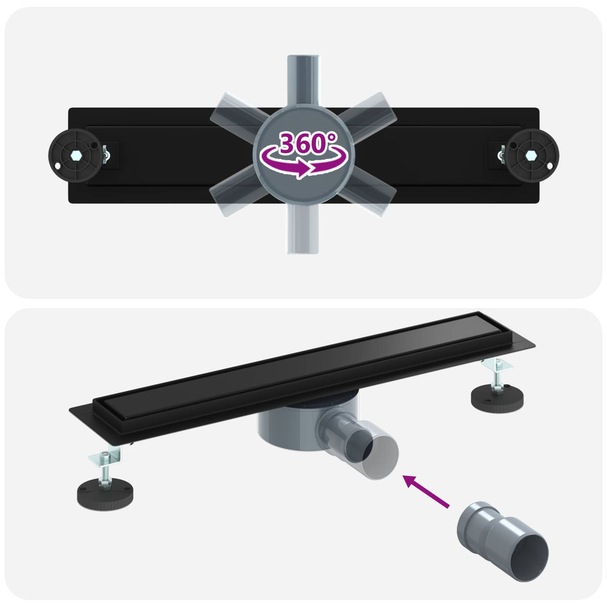 Tuš kanal 2-u-1 sa 360° sifonom Crna 50 cm Nehrđajući čelik 304