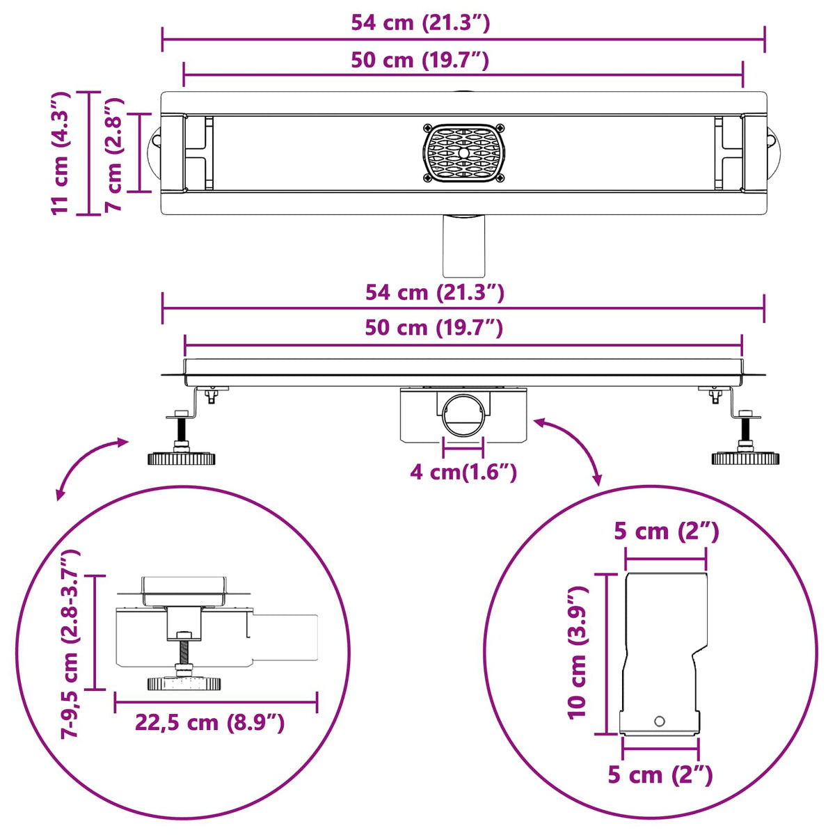 Tuš kanal 2-u-1 sa 360° sifonom Crna 50 cm Nehrđajući čelik 304