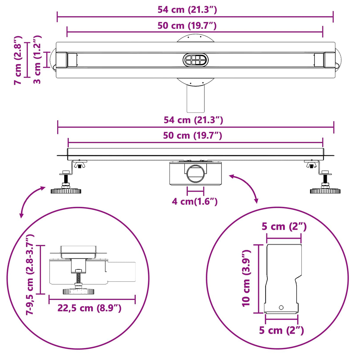 360° Odvod za tuširanje s tankim modelom Srebrno 50 cm