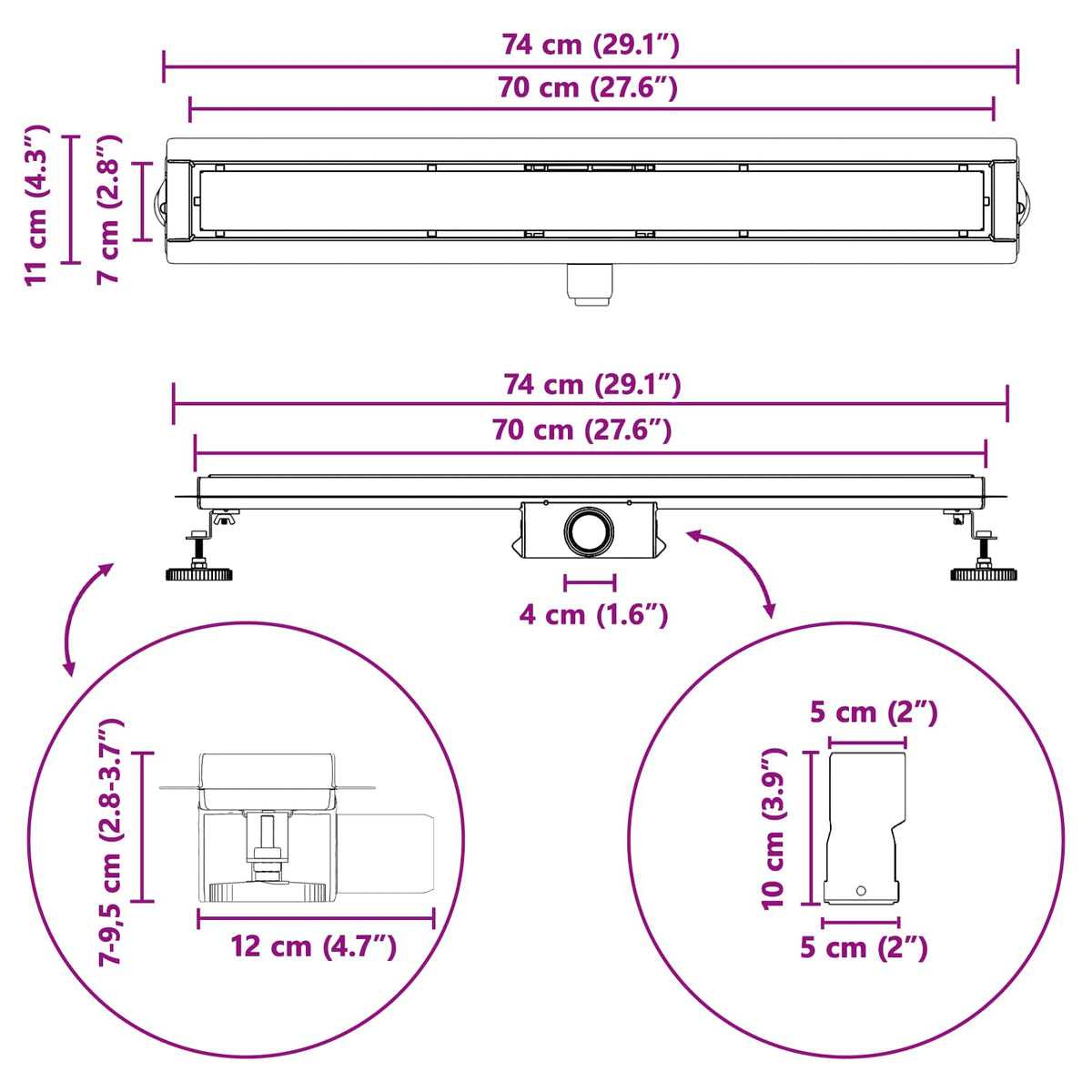 2 u 1 odvod za tuš Crna 70 cm Nehrđajući čelik 304