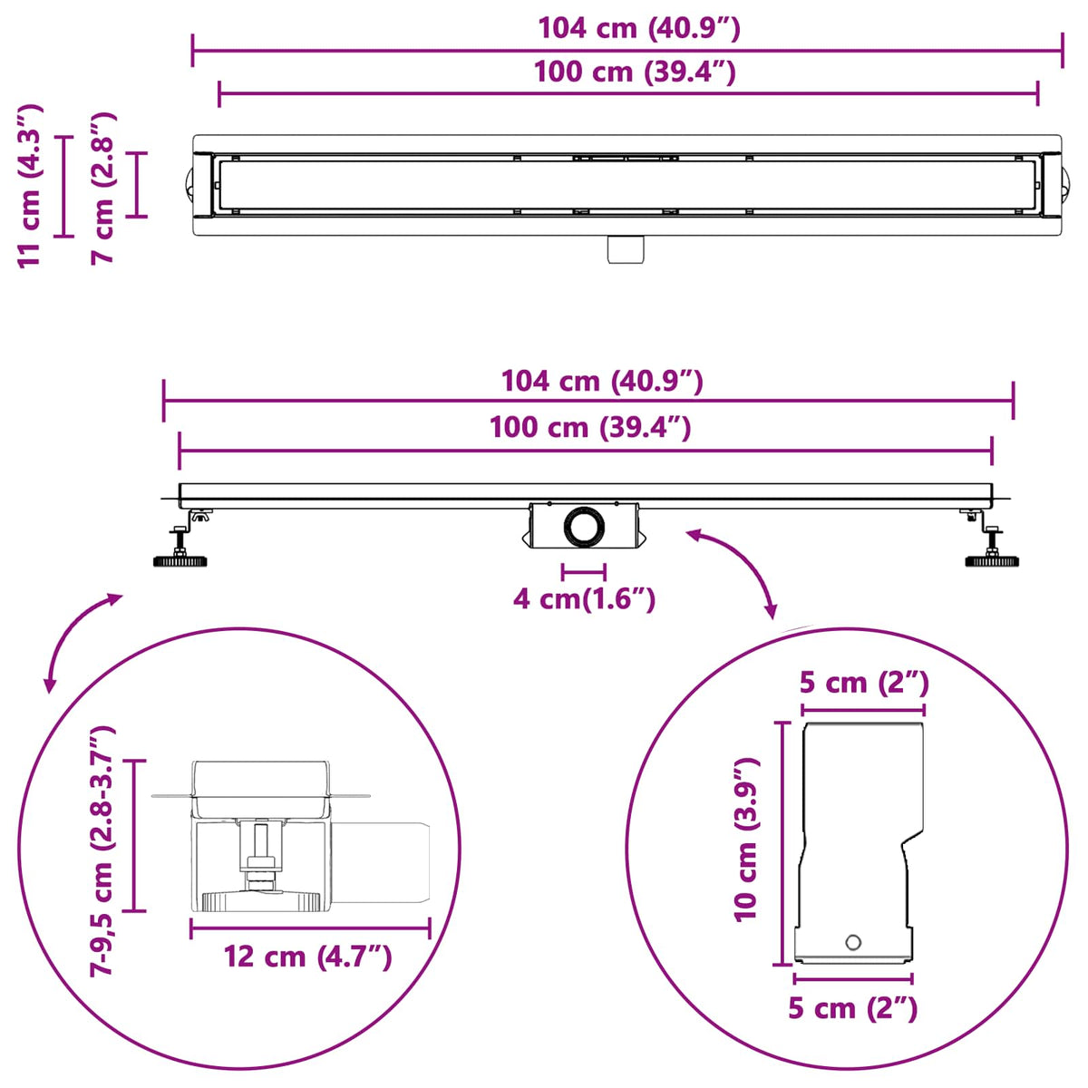 2 u 1 odvod za tuš Srebrno 100 cm Nehrđajući čelik 304