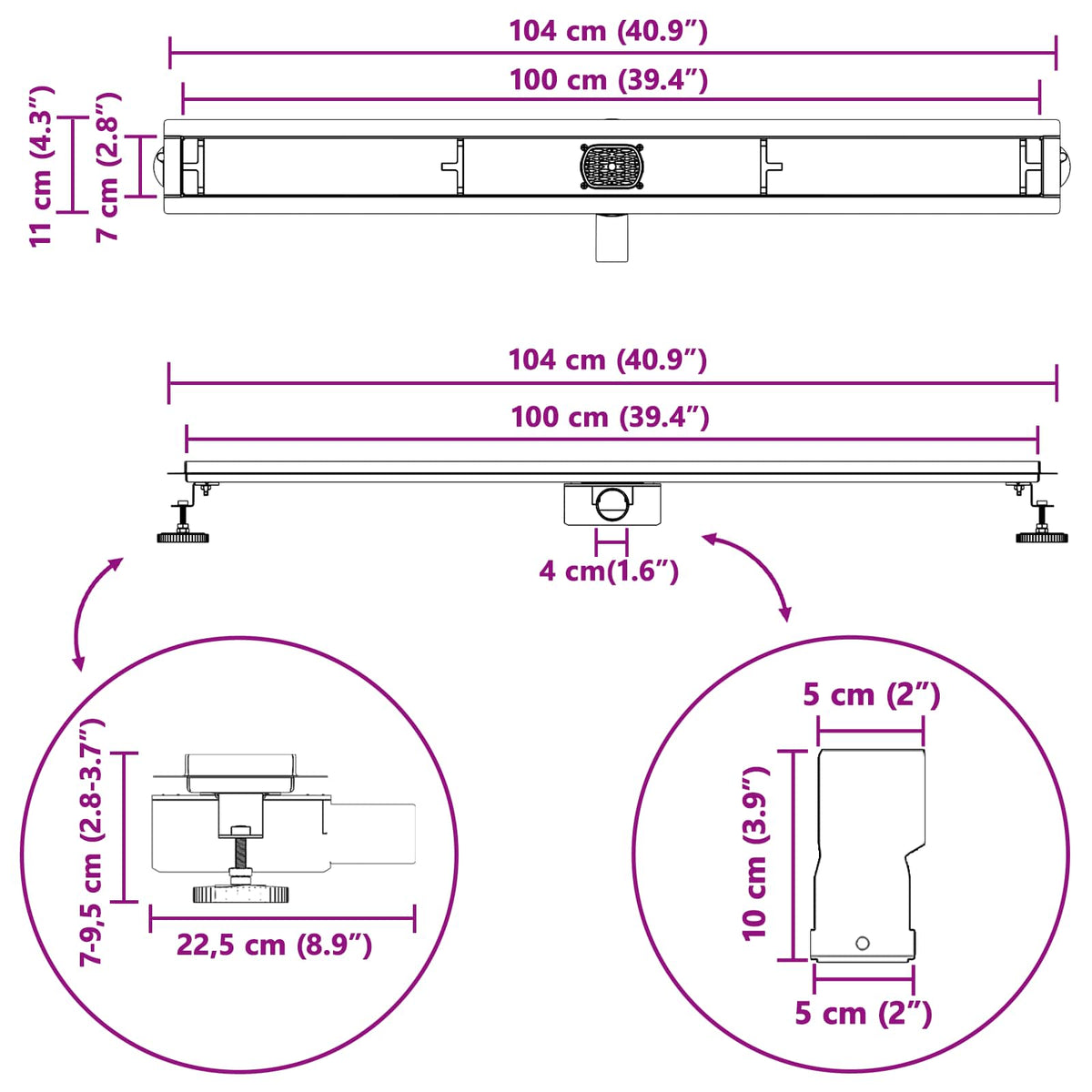 Tuš kanal 2-u-1 sa 360° sifonom Crna 100 cm