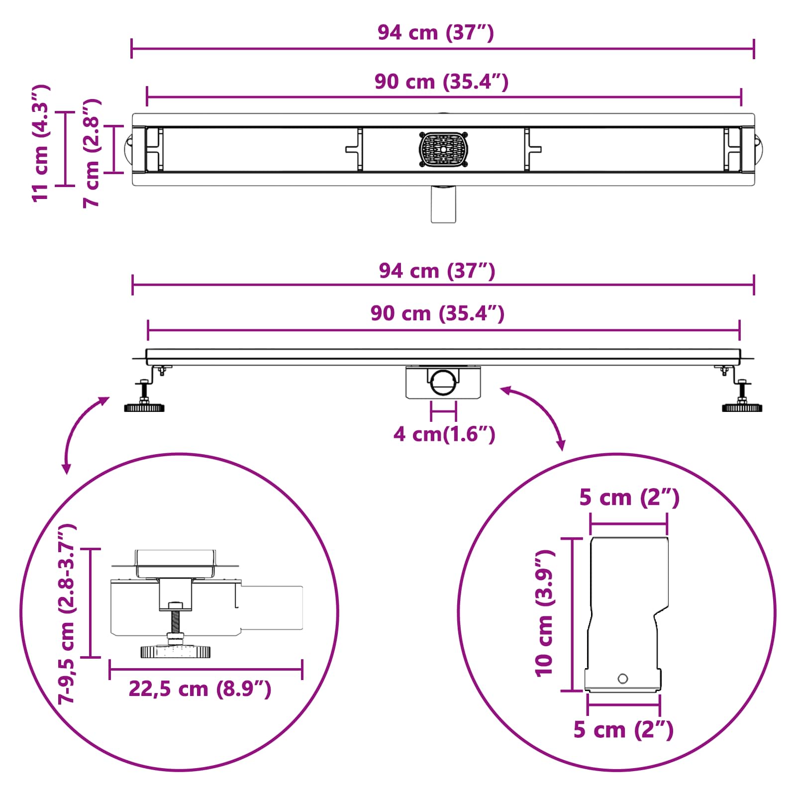 Odvod za tuš s staklenim poklopcem i 360° sifonom Crna 90 cm