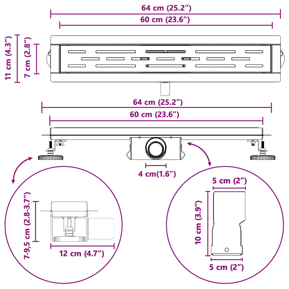 Odvod za tuš s dizajnom linije Srebrno 60 cm