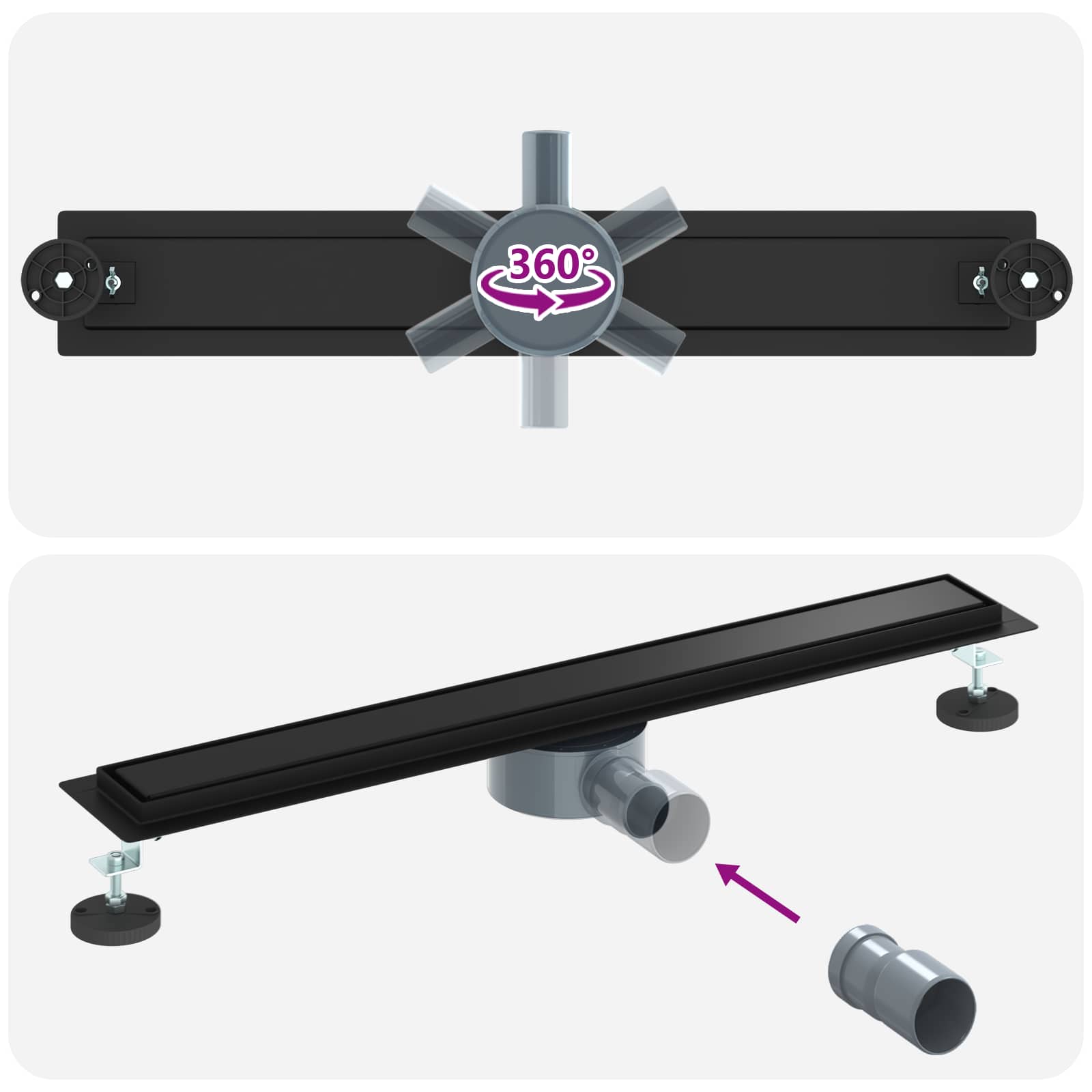 Tuš kanal 2-u-1 sa 360° sifonom Crna 70 cm Nehrđajući čelik 304