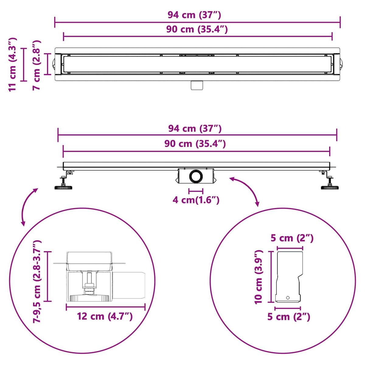 2 u 1 odvod za tuš Srebrno 90 cm Nehrđajući čelik 304