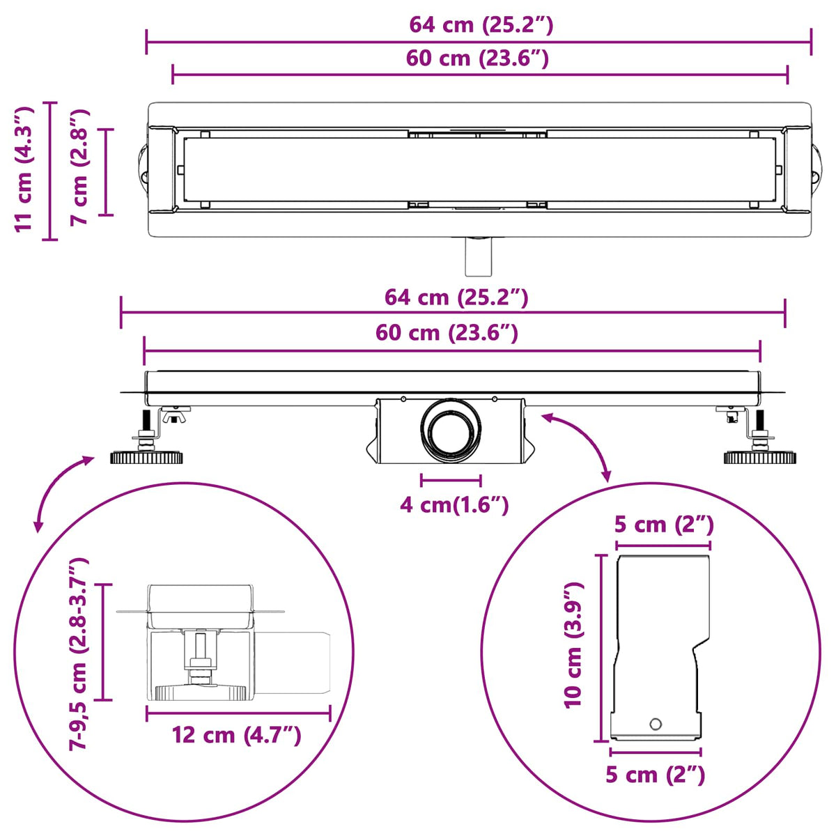 2 u 1 odvod za tuš Srebrno 60 cm Nehrđajući čelik 304