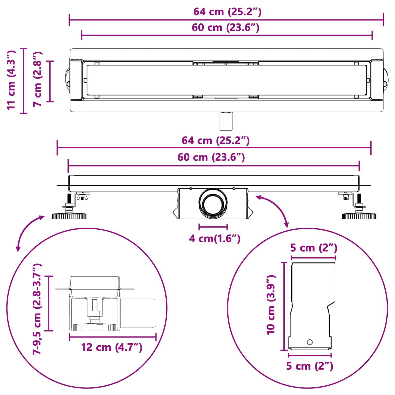 2 u 1 odvod za tuš Srebrno 60 cm Nehrđajući čelik 304