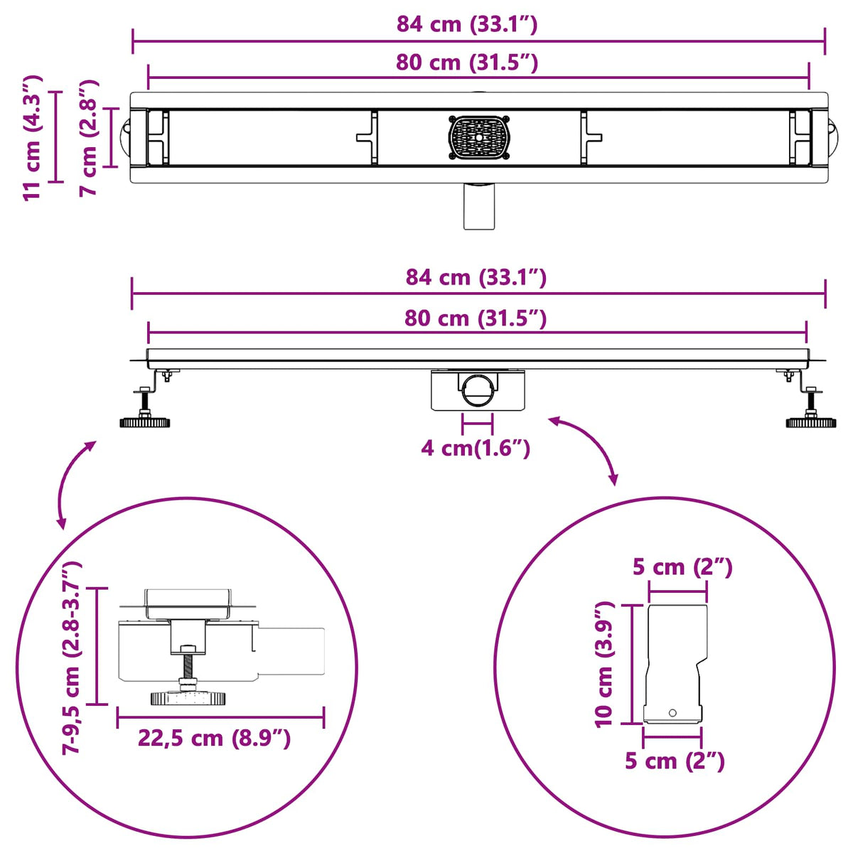Tuš kanal 2-u-1 sa 360° sifonom Srebrno 80 cm