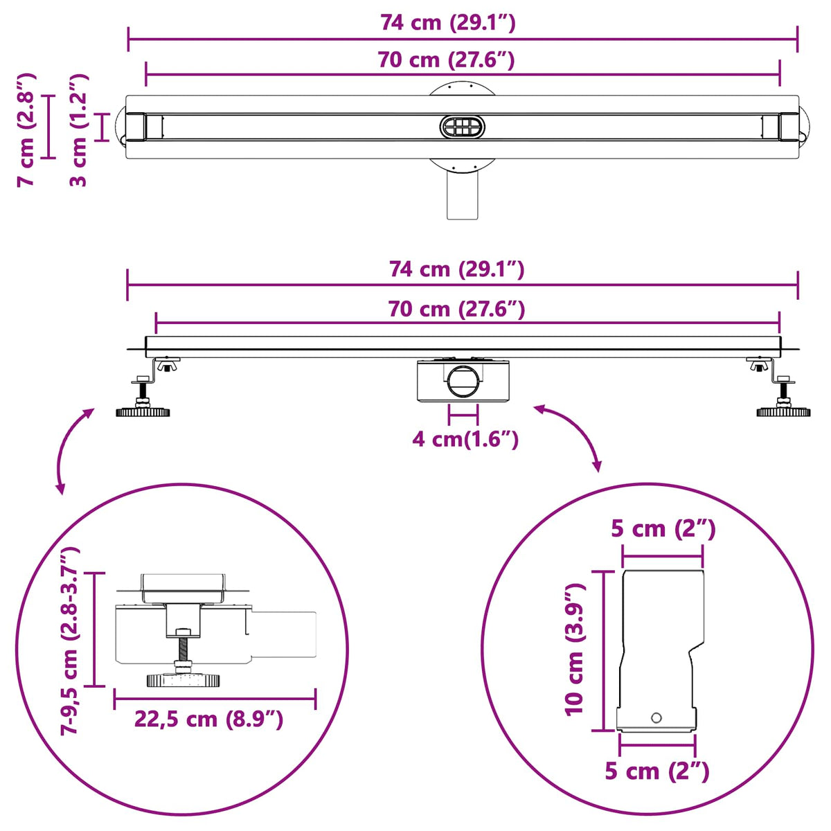 360° Odvod za tuširanje s tankim modelom Srebrno 70 cm