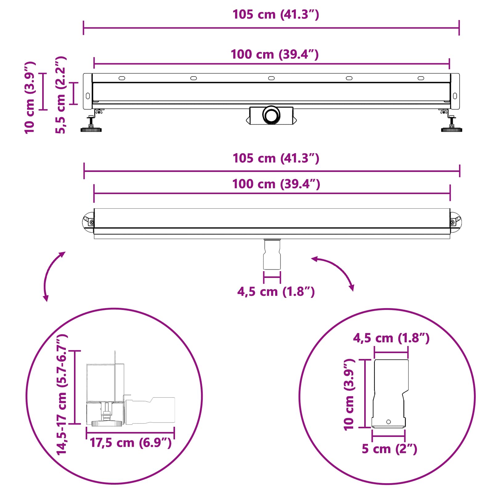 Odvod za tuš montiran na zid Srebrno 100 cm