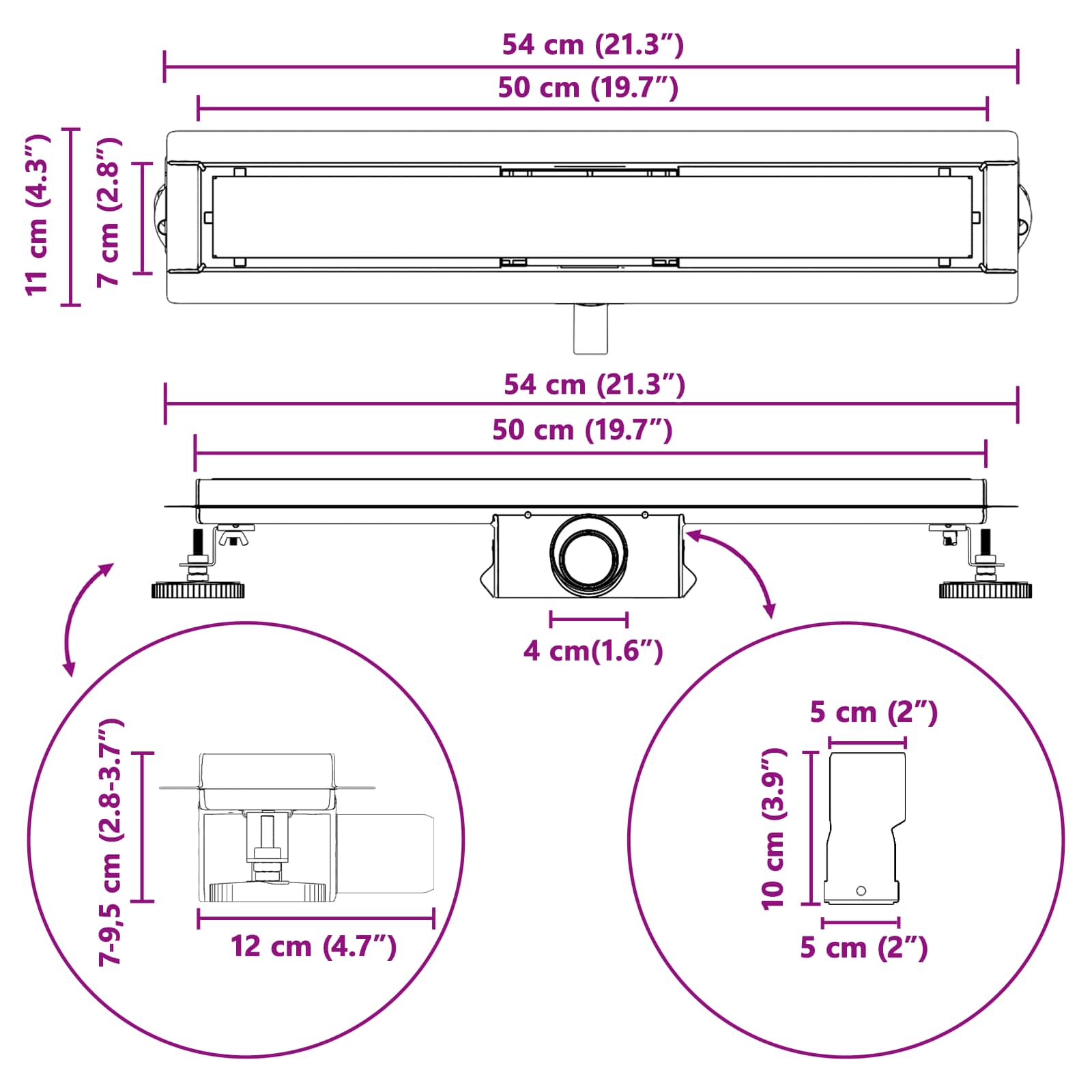 2 u 1 odvod za tuš Srebrno 50 cm Nehrđajući čelik 304