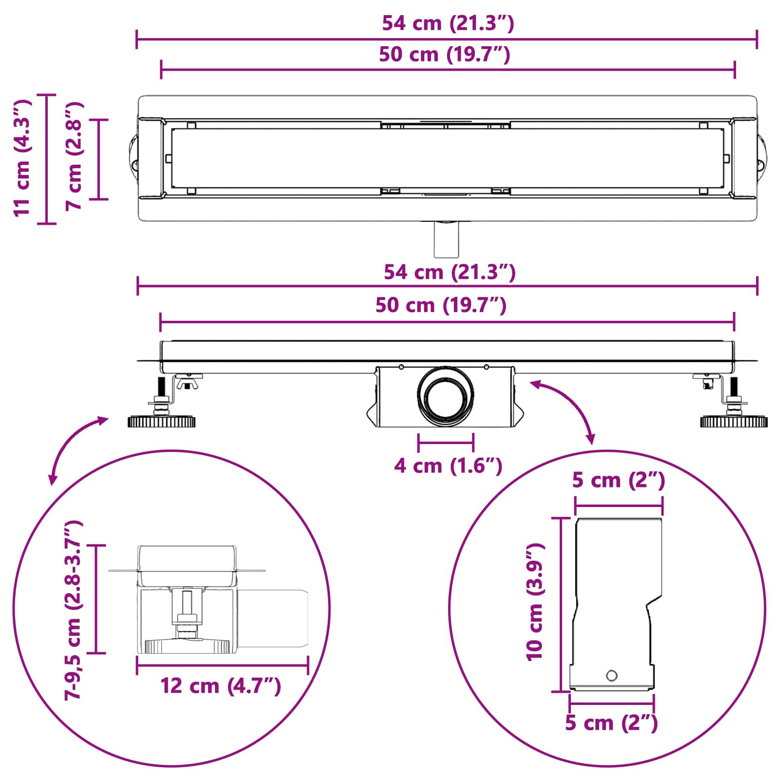 2 u 1 odvod za tuš Crna 50 cm Nehrđajući čelik 304