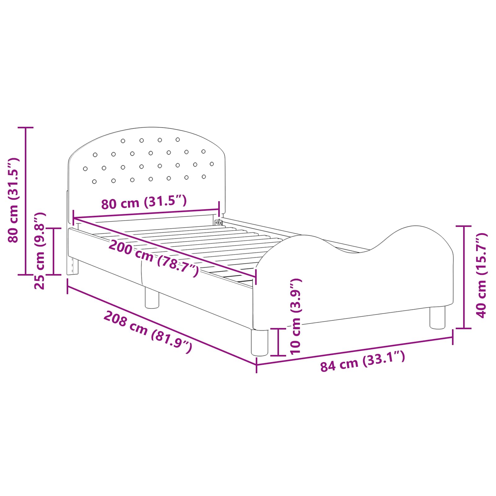 Krevet za djecu s uzglavljem Ljubičasta 80 x 200 cm Baršun