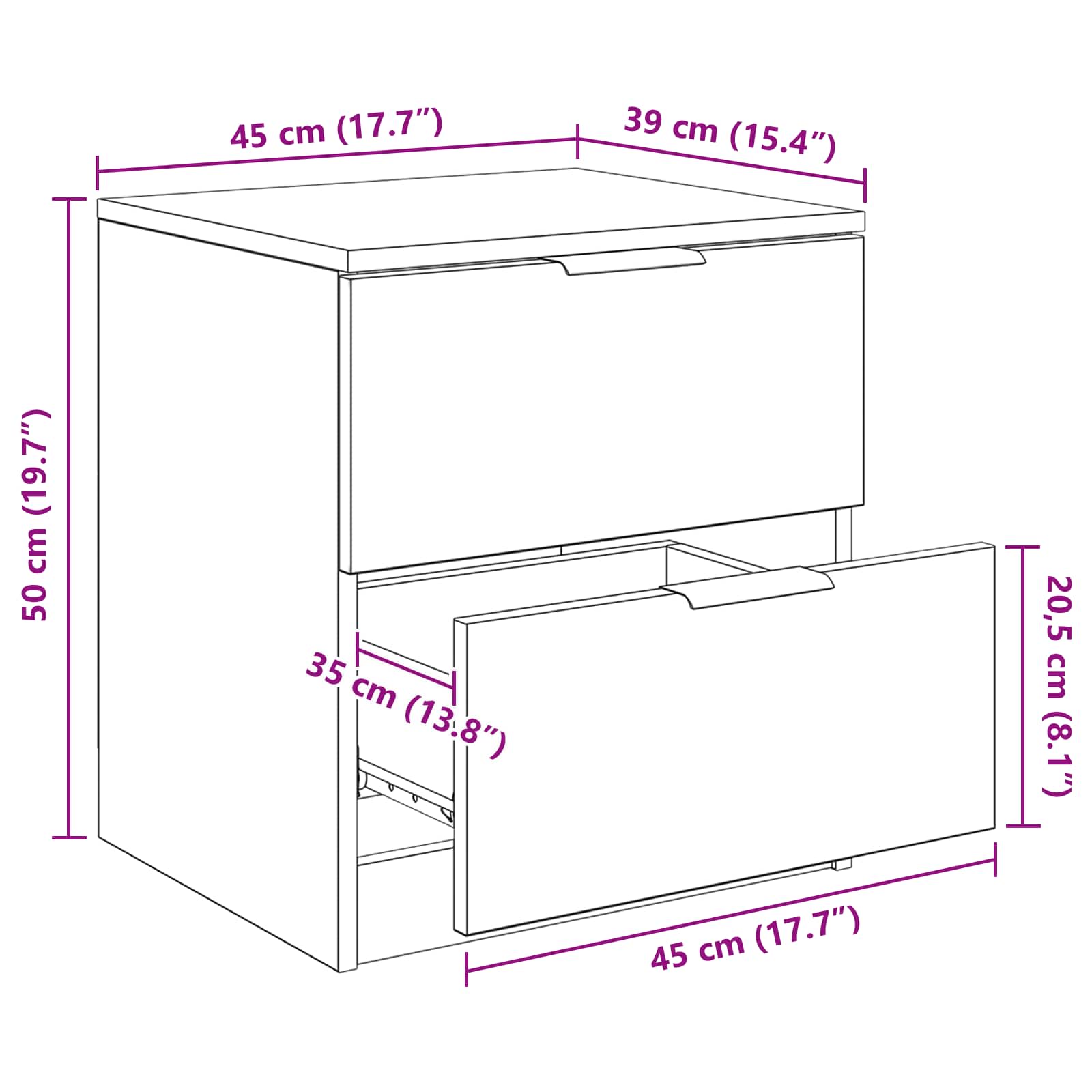 Noćni ormar 2 pcs Crni hrast 45 x 39 x 50cm Konstruirano drvo