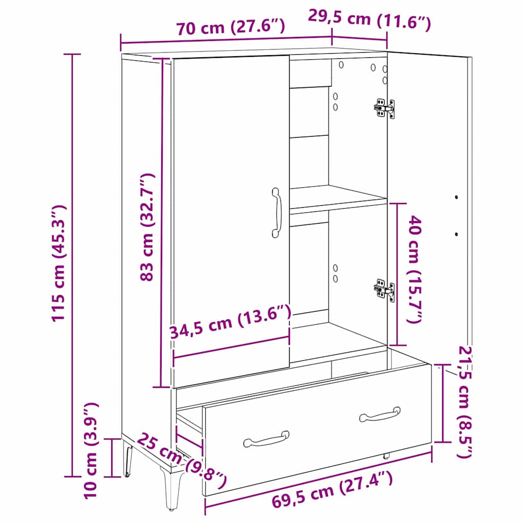 Highboard Crni hrast 70 x 31 x 115 cm Obrađeno drvo i čelik