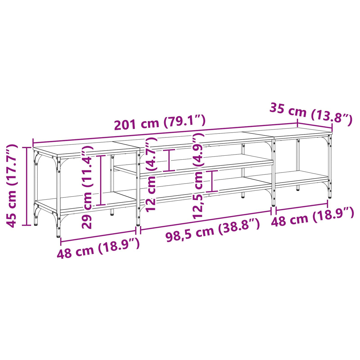 TV ormar Crni hrast 201 x 35 x 45 cm Obrađeno drvo i čelik