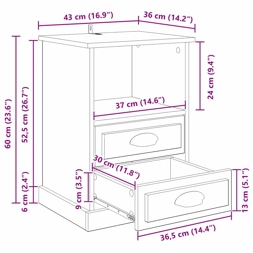 Noćni ormar 2 pcs Crni hrast 36 x 43 x 60 cm Konstruirano drvo