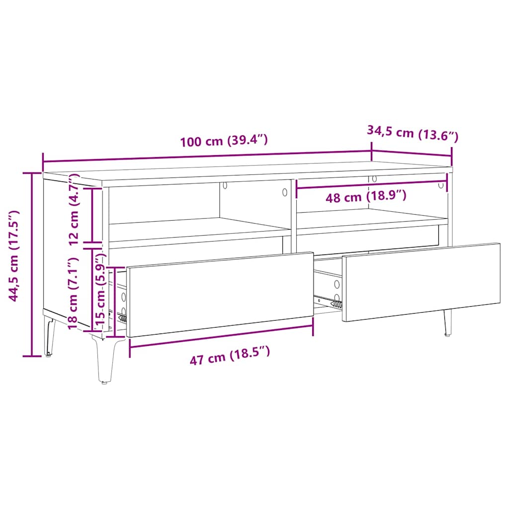 TV ormar Crni hrast 100 x 34,5 x 44,5 cm Obrađeno drvo i čelik