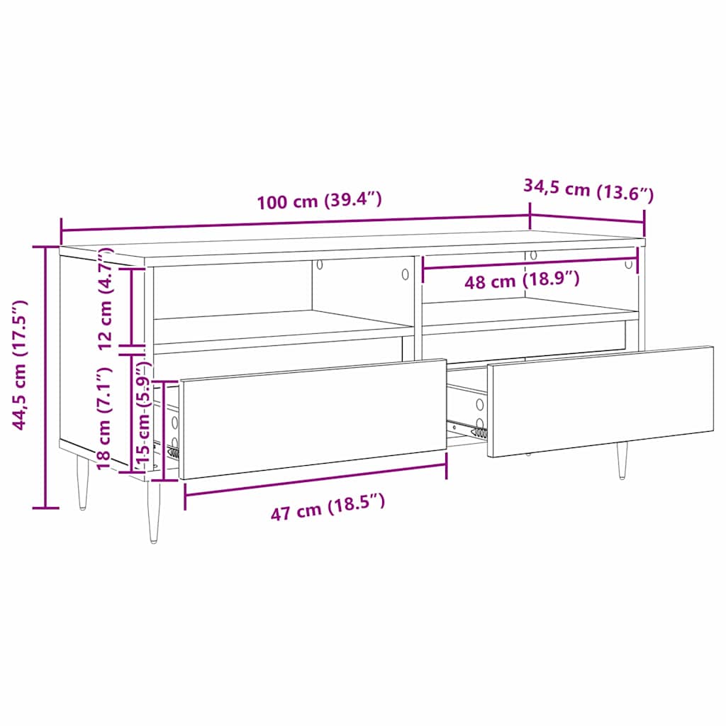 TV ormar Crni hrast 100 x 34,5 x 44,5 cm Obrađeno drvo i čelik