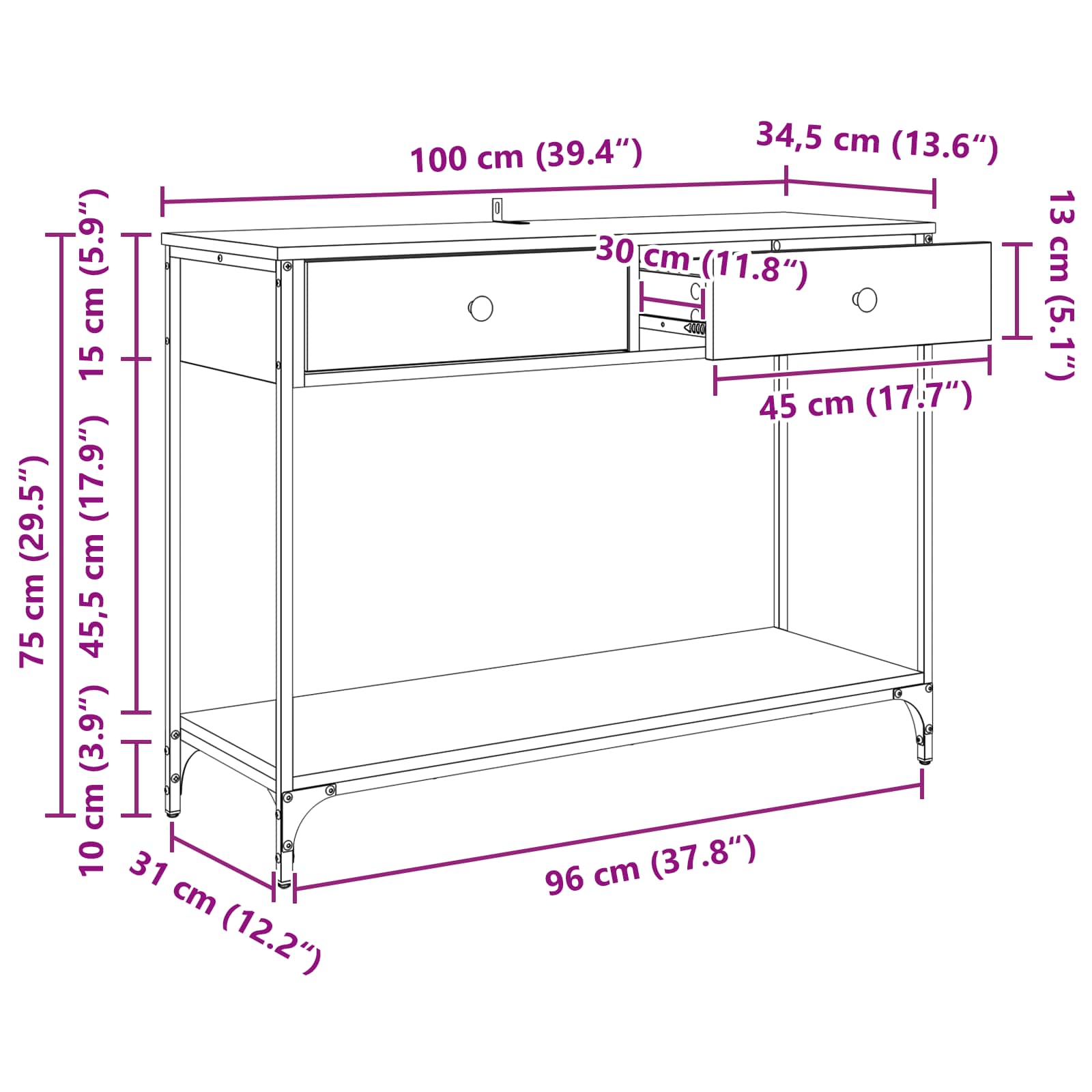 Konzolna stolica s ladicama Staro drvo 100 x 34,5 x 75 cm