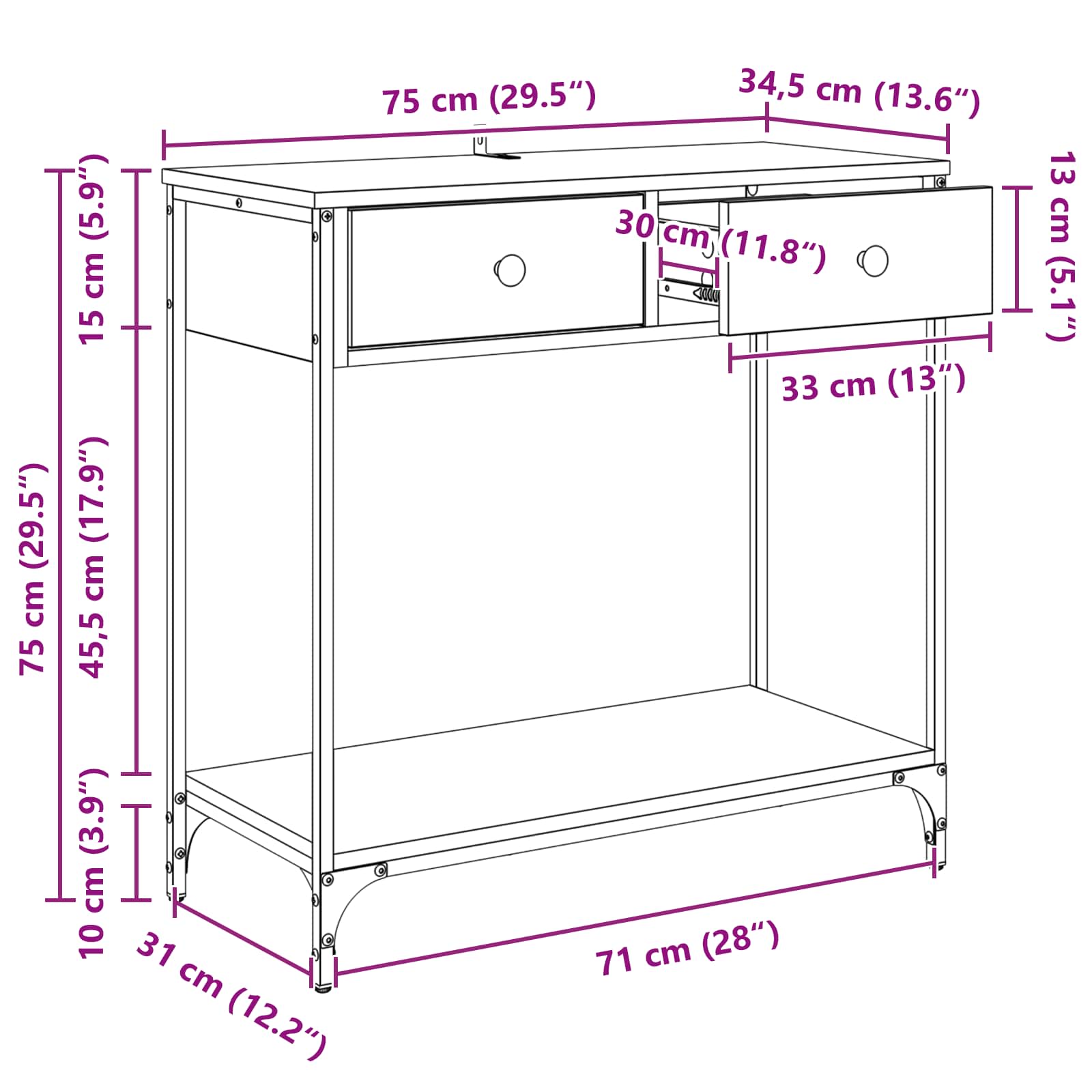 Konzolna stolica s ladicama Umjetnički hrast 75 x 34,5 x 75 cm